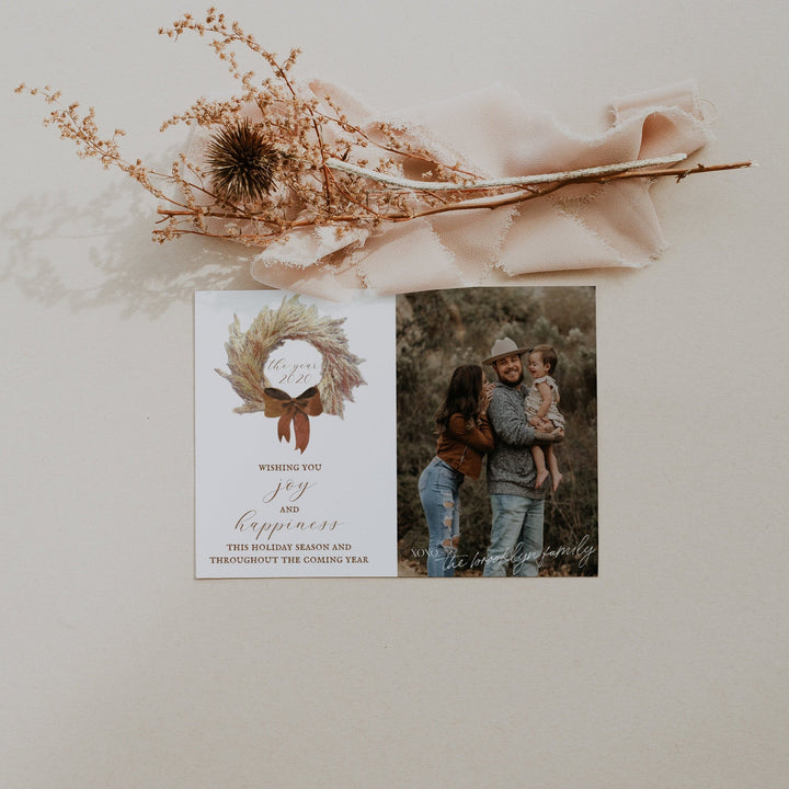 Boho Pampas Wreath Christmas Card - Neutral Boho Christmas Card with Picture - 7x5 Boho Pampas Grass Christmas Card - Earthy Boho Christmas