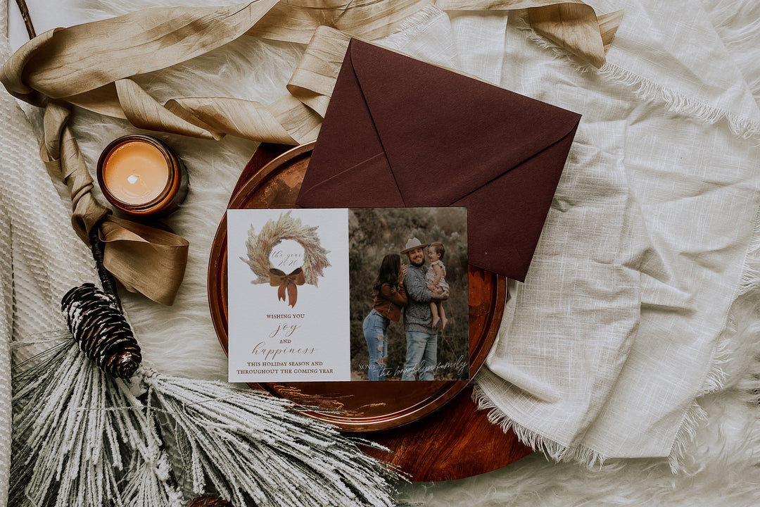 Boho Pampas Wreath Christmas Card - Neutral Boho Christmas Card with Picture - 7x5 Boho Pampas Grass Christmas Card - Earthy Boho Christmas