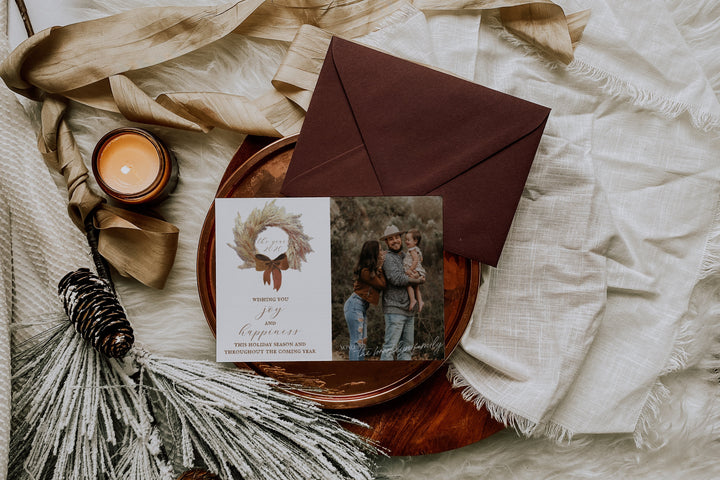 Boho Pampas Wreath Christmas Card - Neutral Boho Christmas Card with Picture - 7x5 Boho Pampas Grass Christmas Card - Earthy Boho Christmas