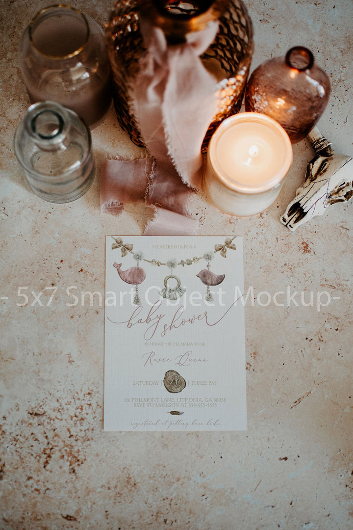 Invitation Mockup Boho - 5x7 Boho Invitation Mockup - Stationary Mockup - Smart Object Mockup - Moody Invitation Mockup - Styled Stock Photo
