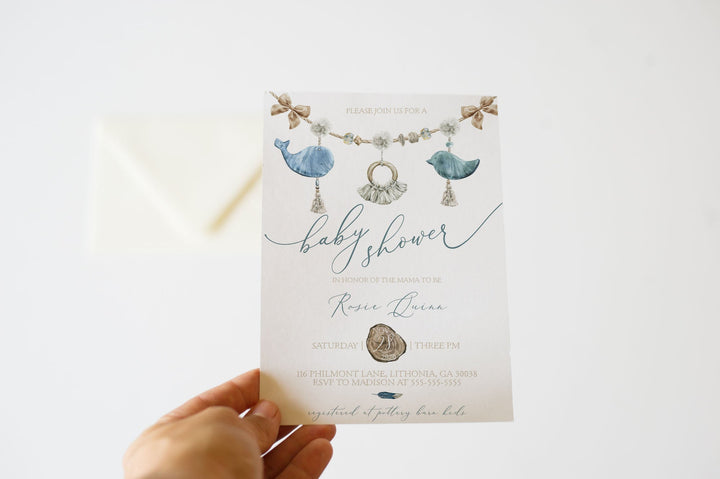 Blue Boho Baby Shower Invitation - Boho Boy Baby Shower Invitation - Simple Baby Boy Boho Baby Shower Invite - Macrame Baby Shower Invite