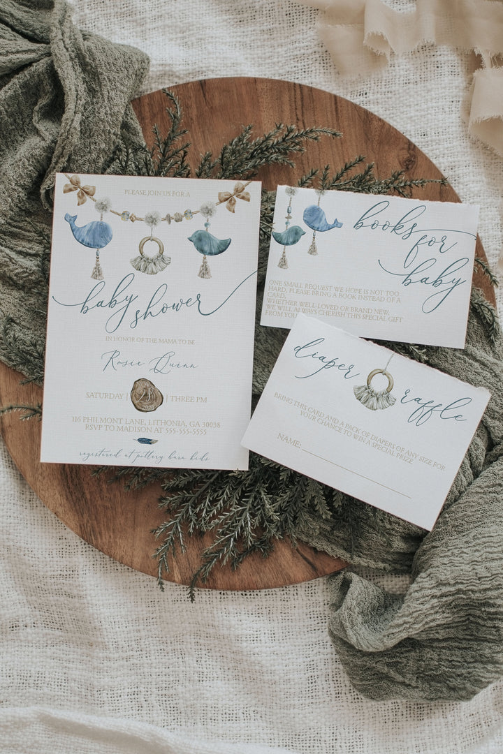 Blue Boho Baby Shower Invitation - Boho Boy Baby Shower Invitation - Simple Baby Boy Boho Baby Shower Invite - Macrame Baby Shower Invite