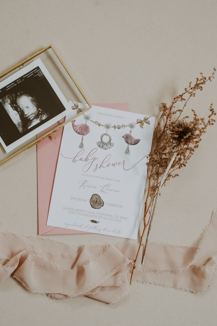 Pink Boho Baby Shower Invitation - Boho Macrame Baby Shower Invitation - Baby Girl Boho Baby Shower Invitation Set - Simple Boho Baby Invite