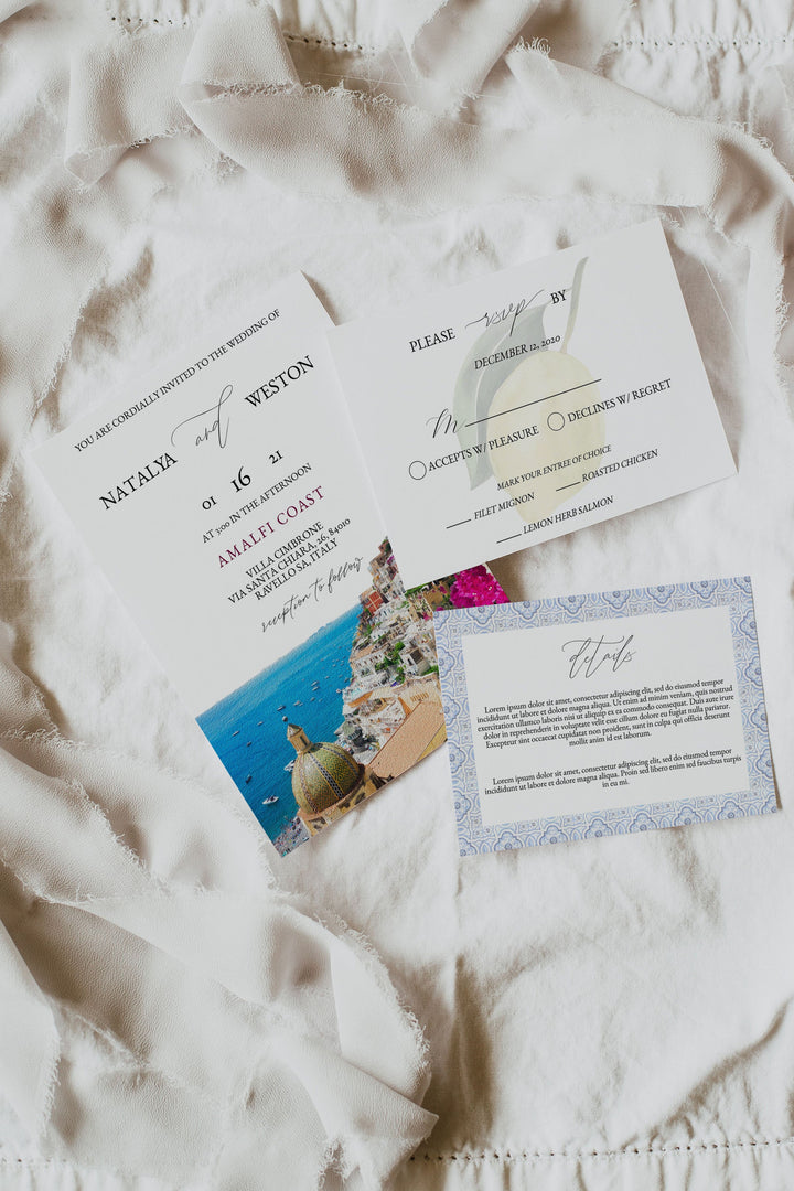 Amalfi Coast Wedding Invitation and RSVP - Italy Destination Wedding Invitation - Italian Riviera Destination Wedding Invitation and RSVP