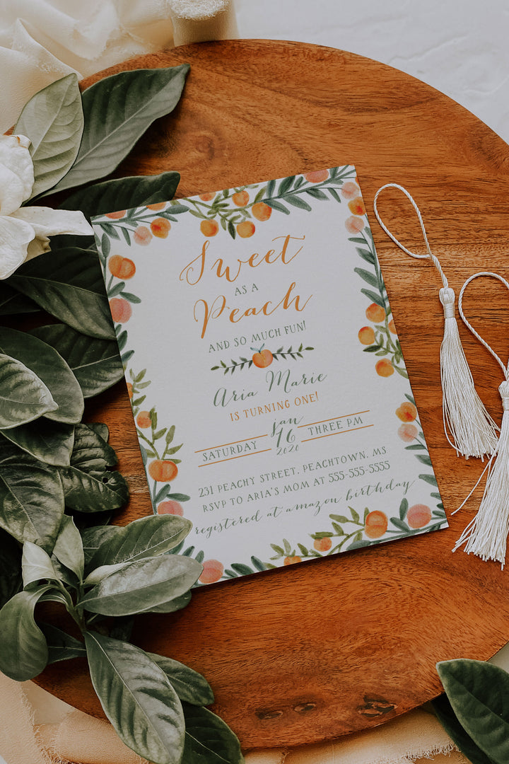 Peach First Birthday Invitation - Sweet Little Peach Birthday Invitation - Farmhouse Peach Birthday Invitation - Peaches Birthday Invitation