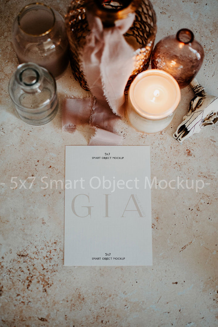 Invitation Mockup Boho - 5x7 Boho Invitation Mockup - Stationary Mockup - Smart Object Mockup - Moody Invitation Mockup - Styled Stock Photo