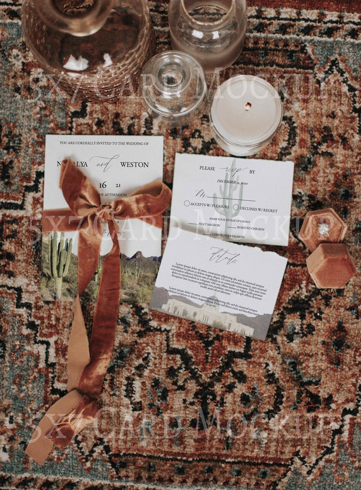 Boho Invitation Suite Mockup - Burnt Orange Stationary Mockup - Desert Wedding Invitation Mockup - Blank Card Mockup - 5x7 Mockup - PSD File