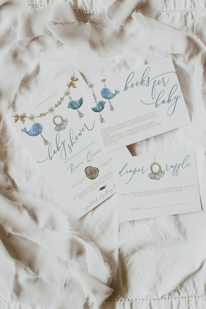 Blue Boho Baby Shower Invitation - Boho Boy Baby Shower Invitation - Simple Baby Boy Boho Baby Shower Invite - Macrame Baby Shower Invite