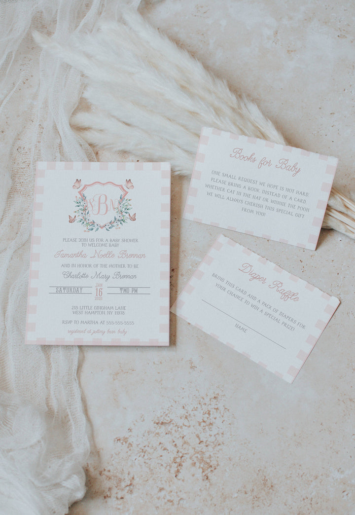 Pink Gingham Baby Shower Invitation - Girls Gingham Baby Shower Invite - Butterfly Preppy Baby Shower Invite - Crest Baby Shower Invite