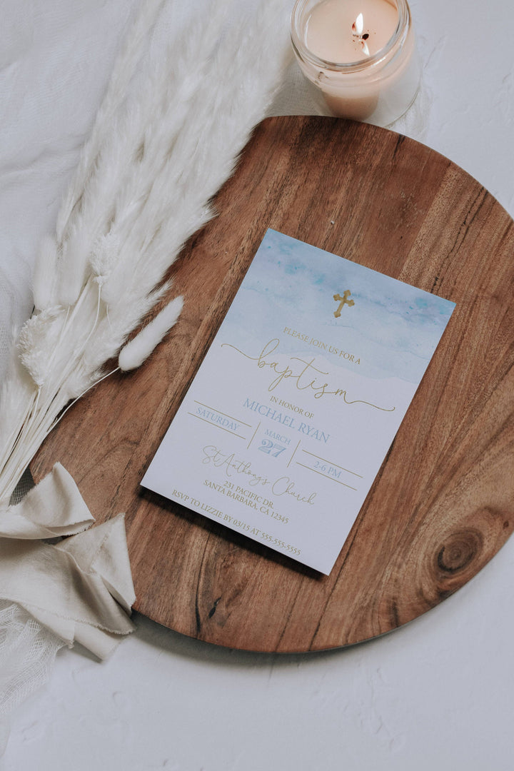 Blue and Gold Baptism Invitation - Blue Watercolor Baptism Invitation - Boys Baptism Invitation - Baby Boy Christening Invitation - Baptism