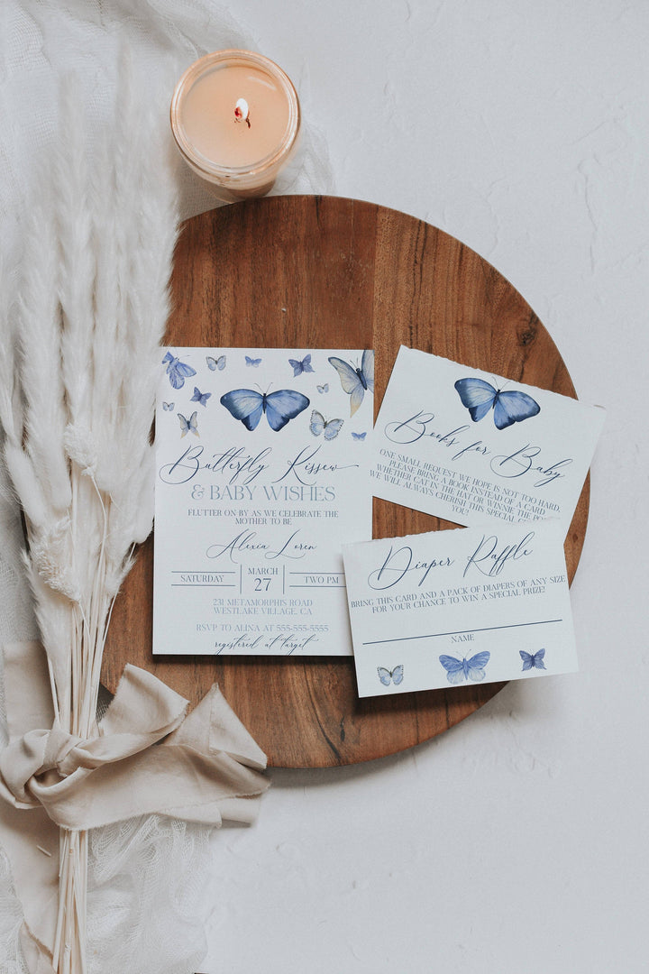 Blue Butterfly Baby Shower Invitation Suite - Butterfly Kisses and Baby Wishes Theme - Butterfly Theme Baby Shower Invite - Blue Butterfly