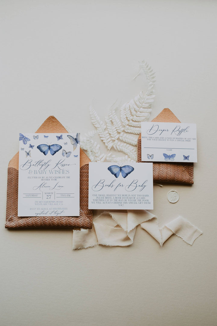 Blue Butterfly Baby Shower Invitation Suite - Butterfly Kisses and Baby Wishes Theme - Butterfly Theme Baby Shower Invite - Blue Butterfly