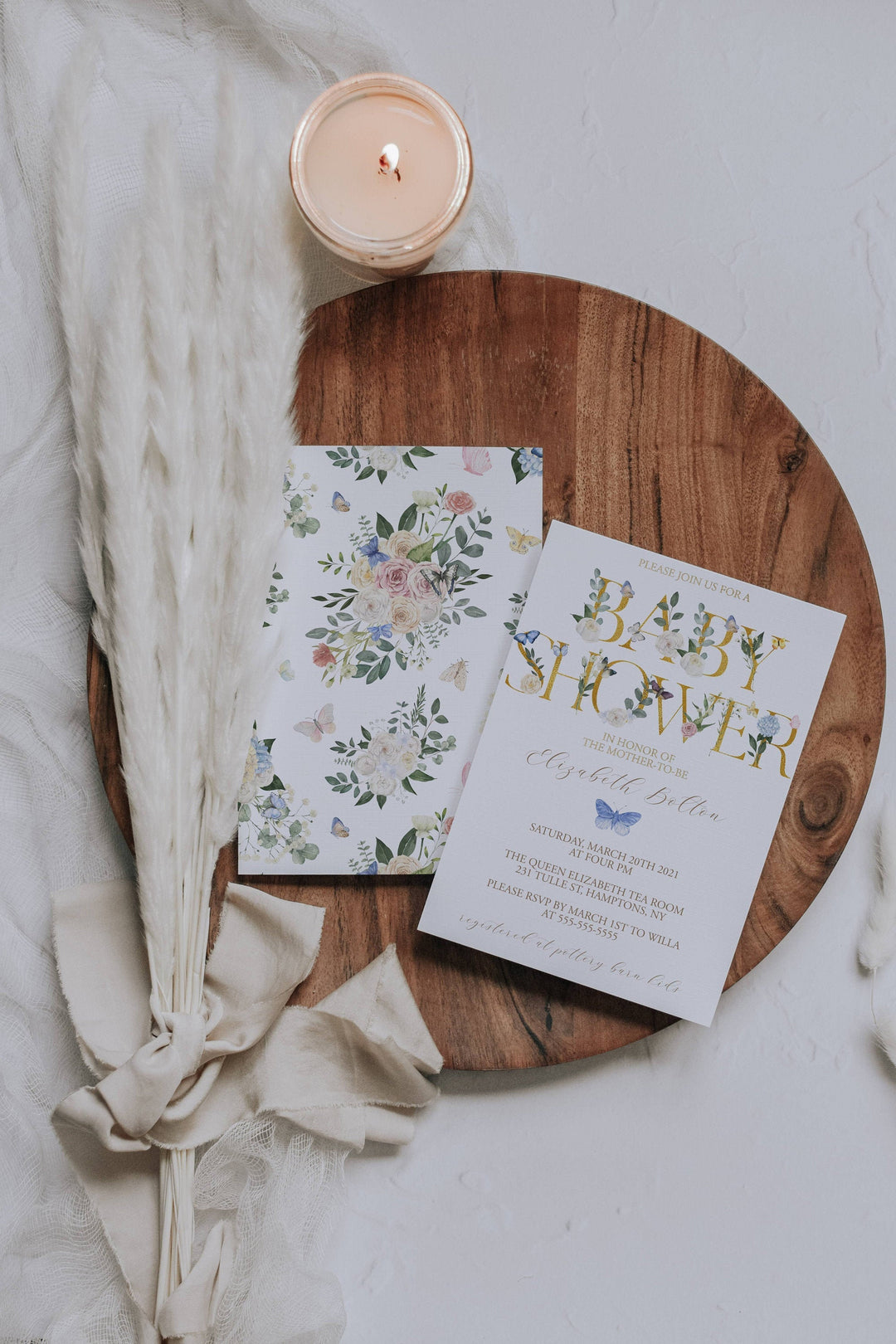 Butterfly Garden Baby Shower - Spring Floral Baby Shower - Butterfly Floral Baby Shower Invitation - Gold Leaf Floral Baby Shower Invite