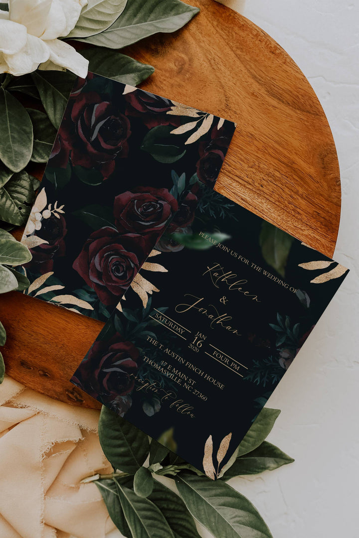 Dark and Moody Wedding Invitation - Black and Burgundy Wedding Invitation - Black Roses and Gold Wedding Invitation - Black Wedding Invite