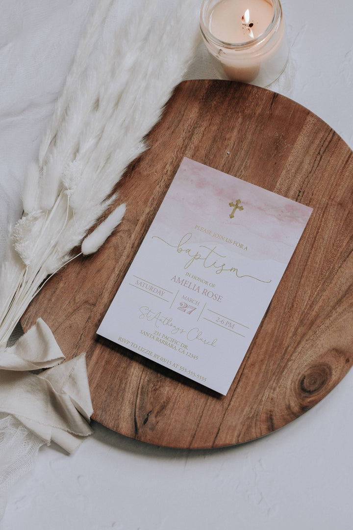 Pink and Gold Baptism Invitation - Girls Baptism Invitation - Baby Girl Christening Invitation - Watercolor Baptism Invitation - Baptism