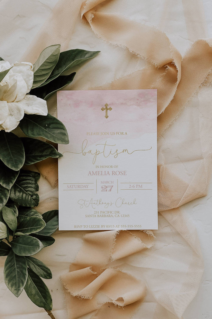 Pink and Gold Baptism Invitation - Girls Baptism Invitation - Baby Girl Christening Invitation - Watercolor Baptism Invitation - Baptism