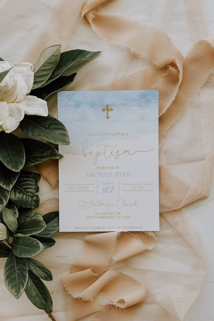 Blue and Gold Baptism Invitation - Blue Watercolor Baptism Invitation - Boys Baptism Invitation - Baby Boy Christening Invitation - Baptism