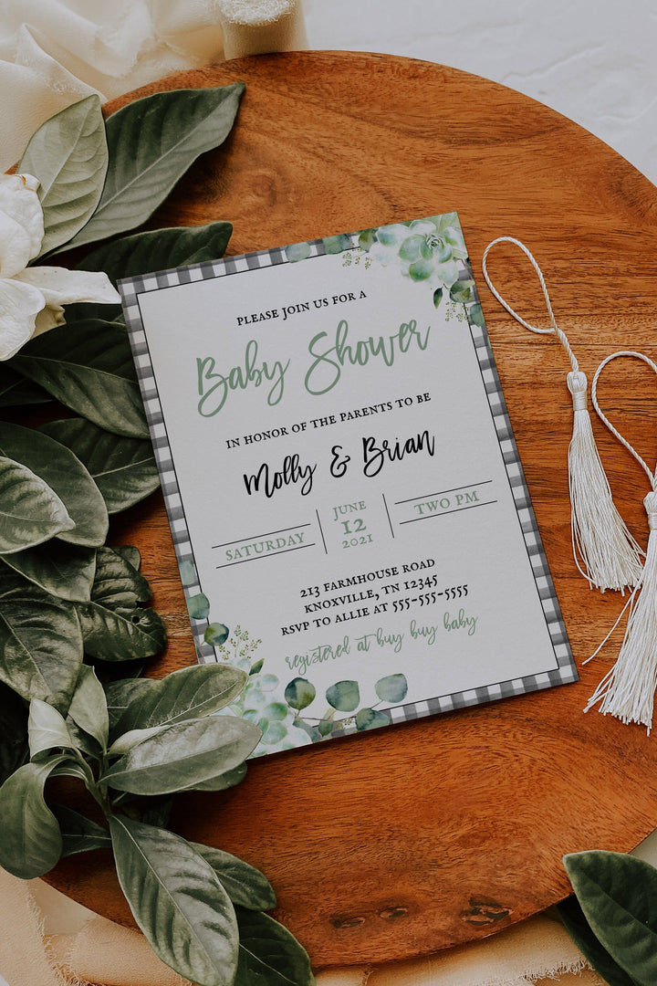 Farmhouse Baby Shower Invitation - Buffalo Plaid Baby Shower Invitation - Rustic Baby Shower Invitation - Black and White Plaid Baby Shower