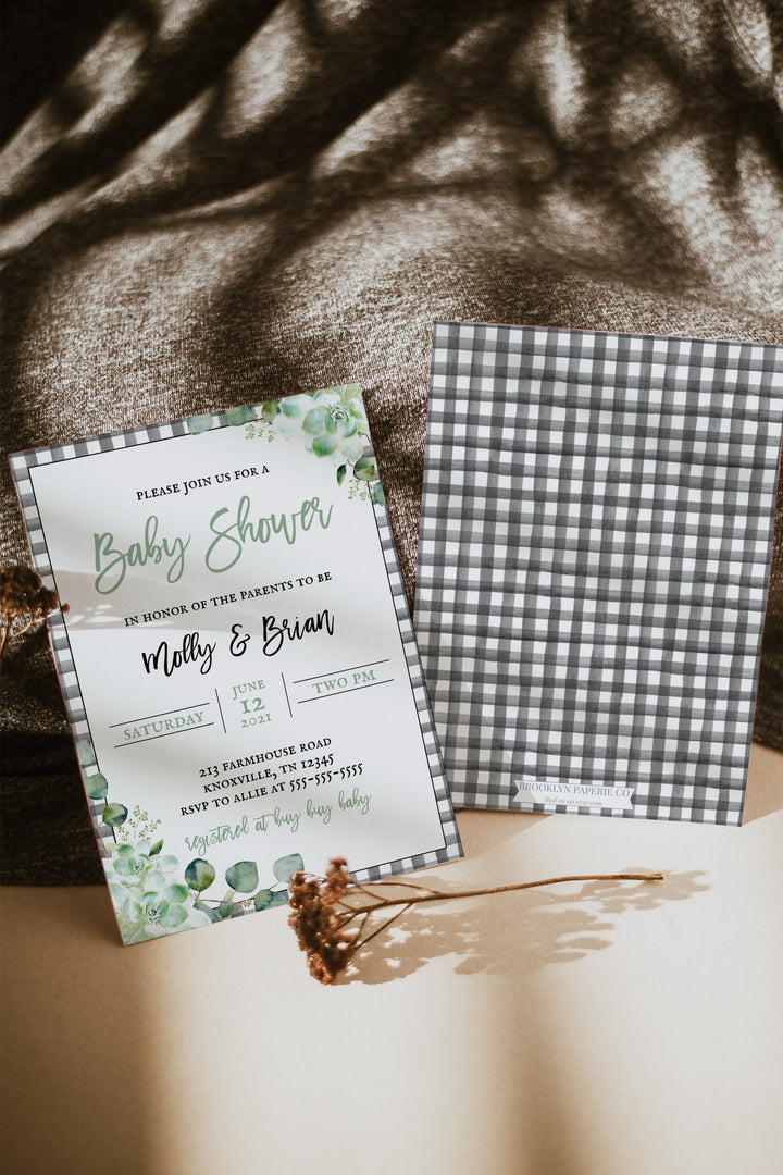 Farmhouse Baby Shower Invitation - Buffalo Plaid Baby Shower Invitation - Rustic Baby Shower Invitation - Black and White Plaid Baby Shower