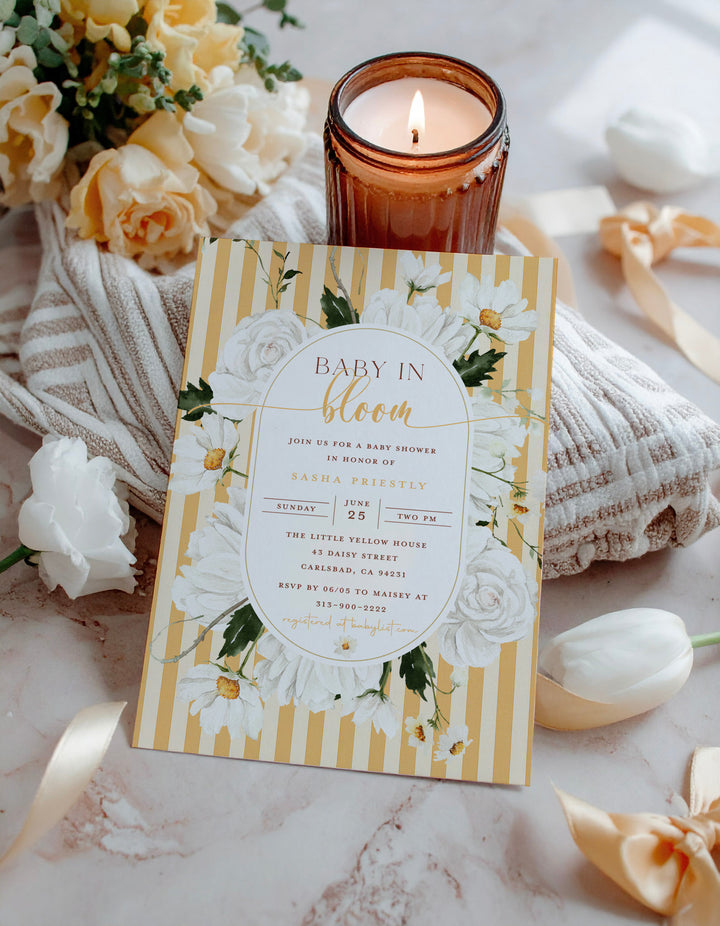Yellow Floral Baby Shower Invitation - Yellow Baby in Bloom Invitation - Yellow Baby Shower Invitation - Gender Neutral Baby Shower Invite