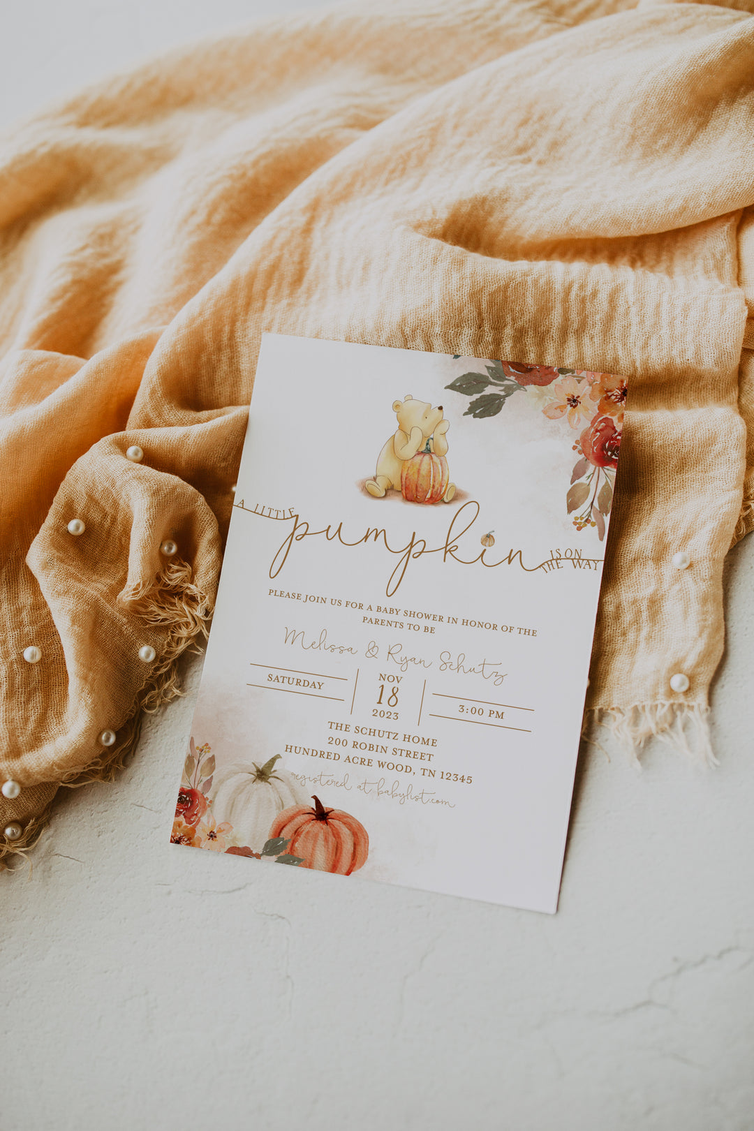 A Little Pumpkin Is On The Way Invitation - Winnie The Pooh Pumpkin Baby Shower Invitation - Pooh Bear Baby Shower Invite - Fall Pooh Baby Shower Invitation