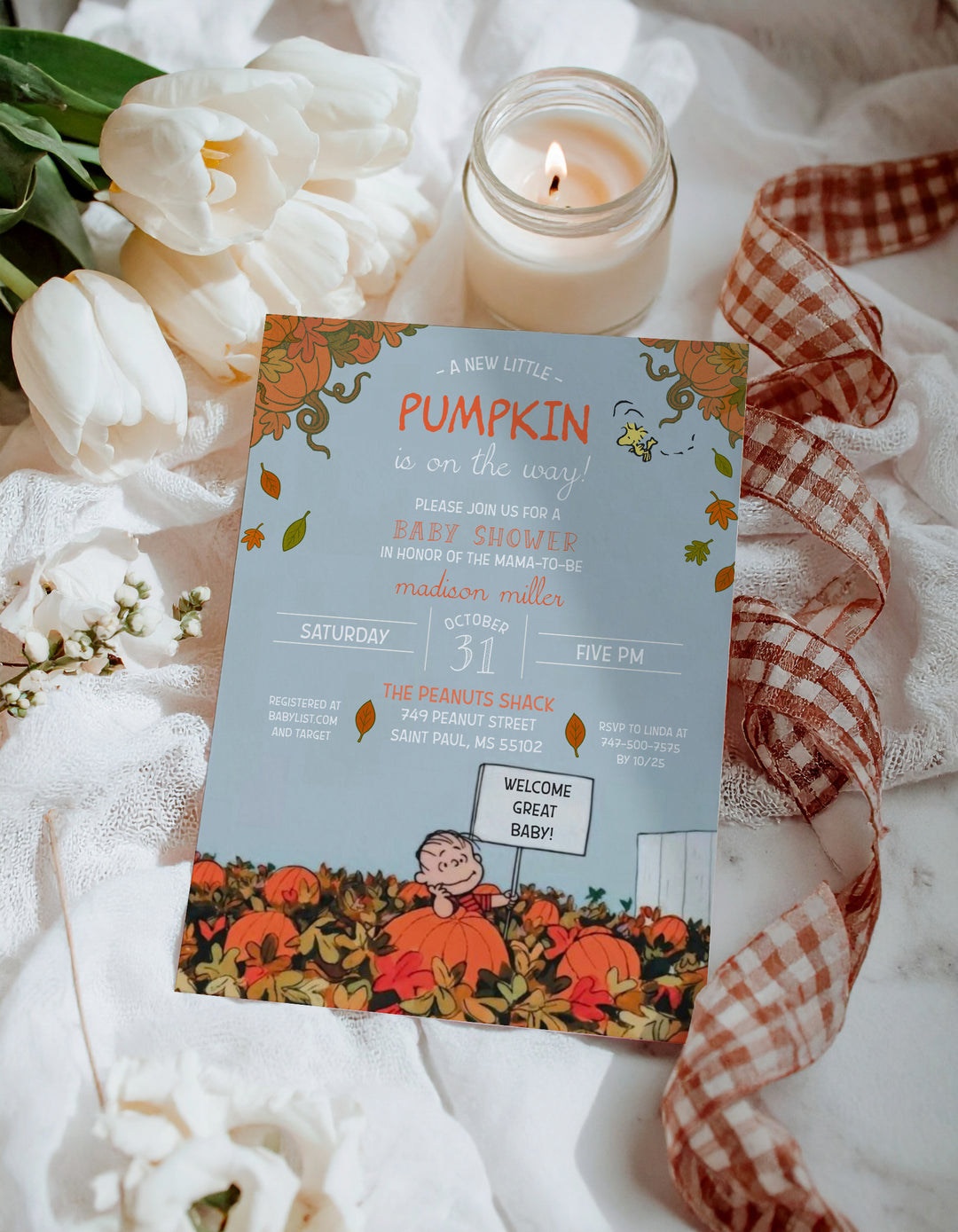 Charlie Brown Baby Shower Invitation - Autumn Baby Shower Invite - Fall Baby Shower Invite - Fall Snoopy Invitation - A New Little Pumpkin Baby Shower Invitation