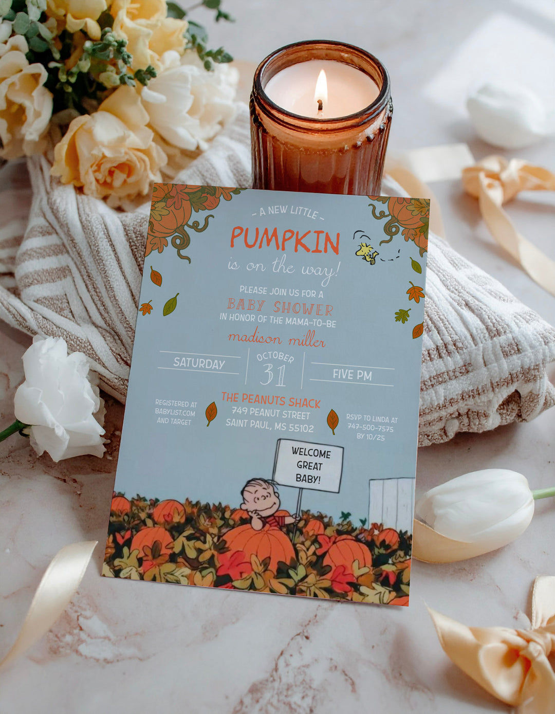 Charlie Brown Baby Shower Invitation - Autumn Baby Shower Invite - Fall Baby Shower Invite - Fall Snoopy Invitation - A New Little Pumpkin Baby Shower Invitation