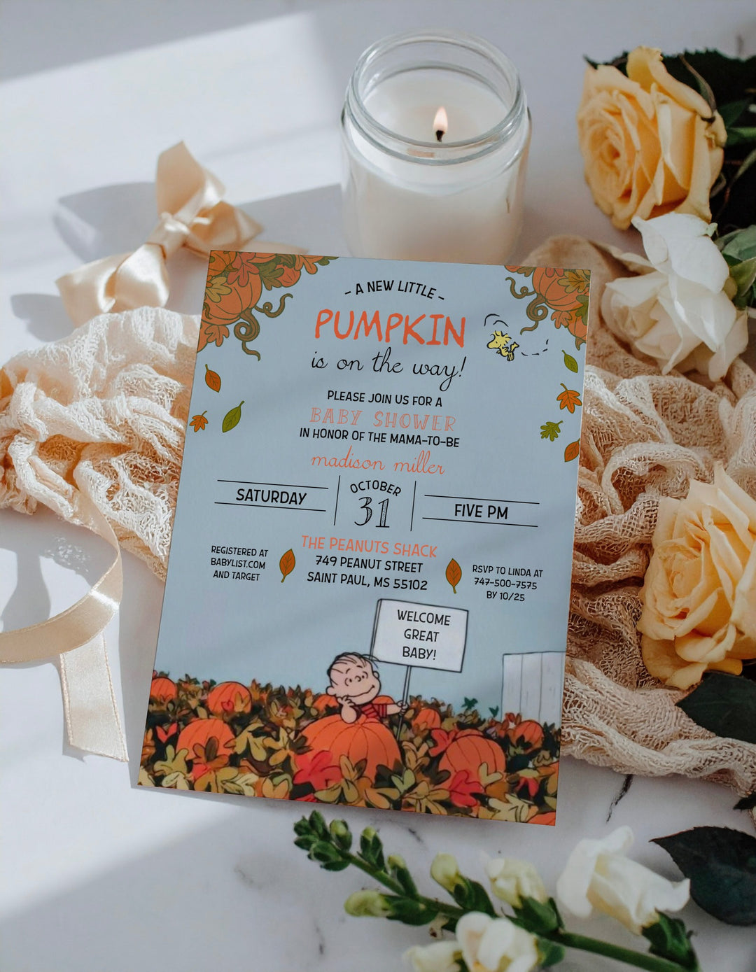 Charlie Brown Fall Baby Shower Invitation - Charlie Brown Halloween Invitation - Peanuts Invitation - Snoopy Baby Shower Invitation - Autumn
