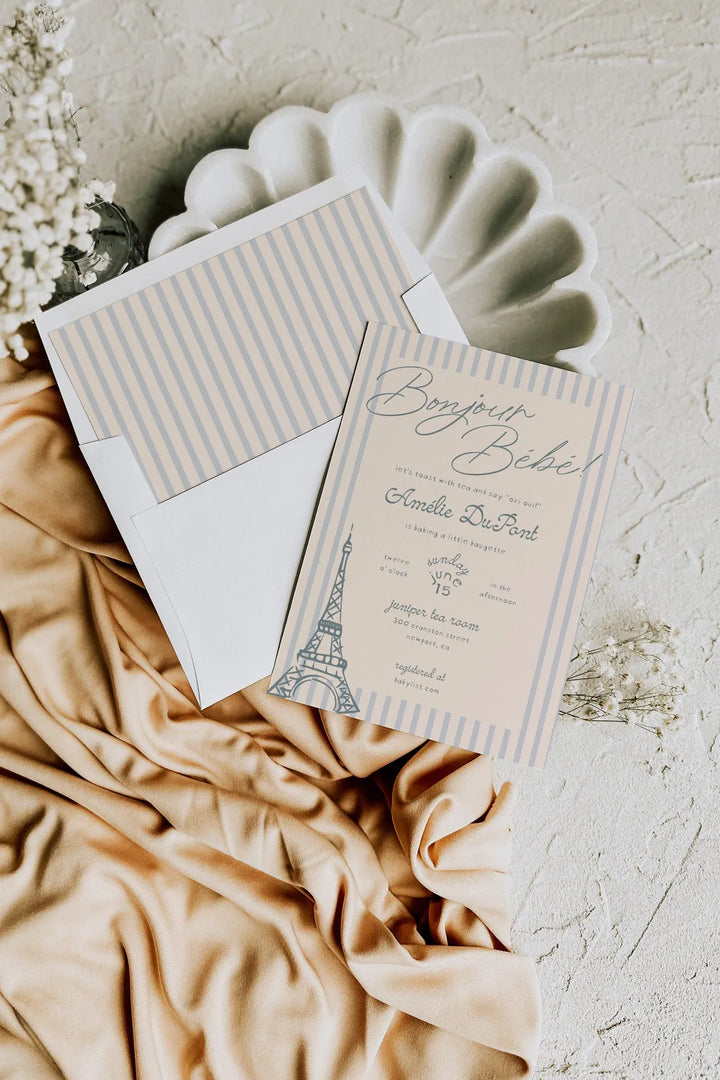 Blue Parisian Baby Shower Invitation - Bonjour Bebe Blue Baby Shower Invitation - Baby Boy French Baby Shower Invitation - Blue Parisian Invitation