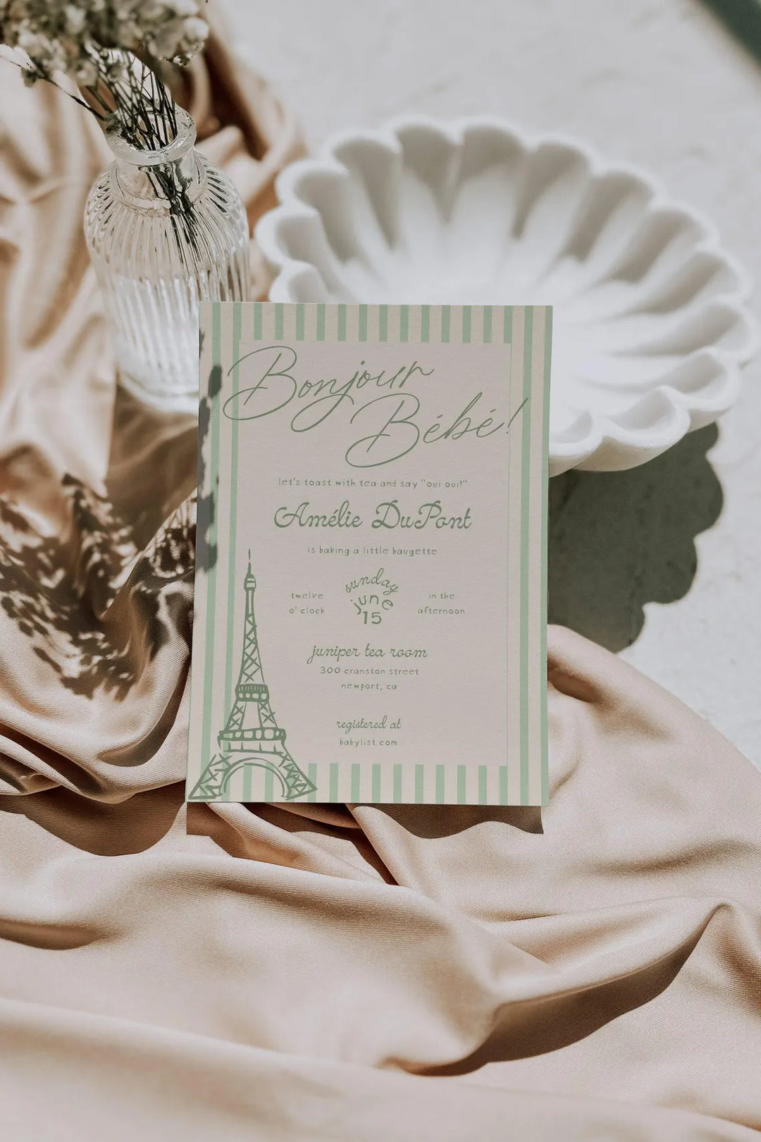 Green Parisian Baby Shower Invitation - Sage Green Baby Shower - French Baby Shower - Eifel Tower Invitation - Chic Parisian Invitation
