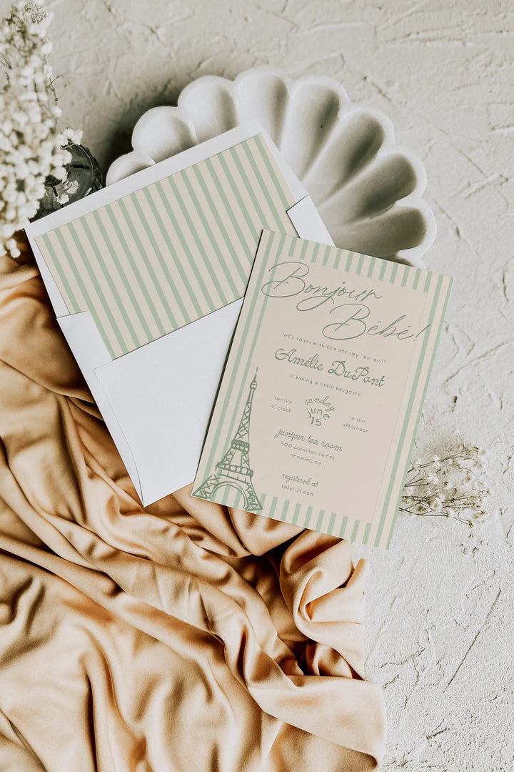 Green Parisian Baby Shower Invitation - Sage Green Baby Shower - French Baby Shower - Eifel Tower Invitation - Chic Parisian Invitation