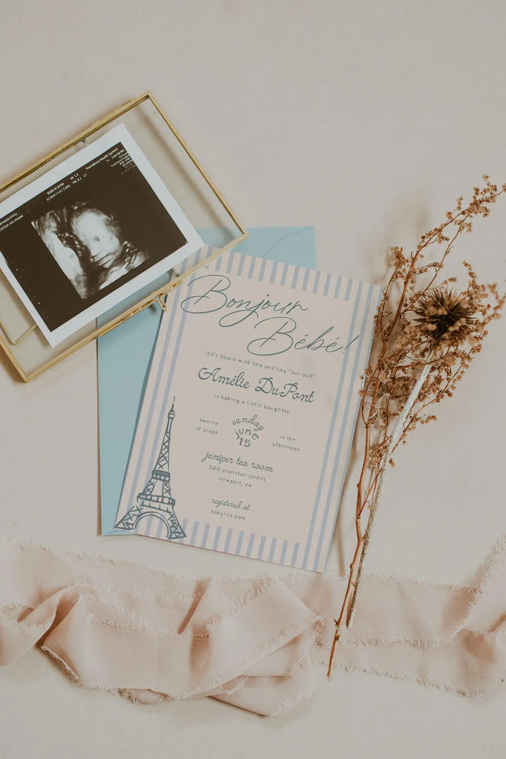 Blue Parisian Baby Shower Invitation - Bonjour Bebe Blue Baby Shower Invitation - Baby Boy French Baby Shower Invitation - Blue Parisian Invitation