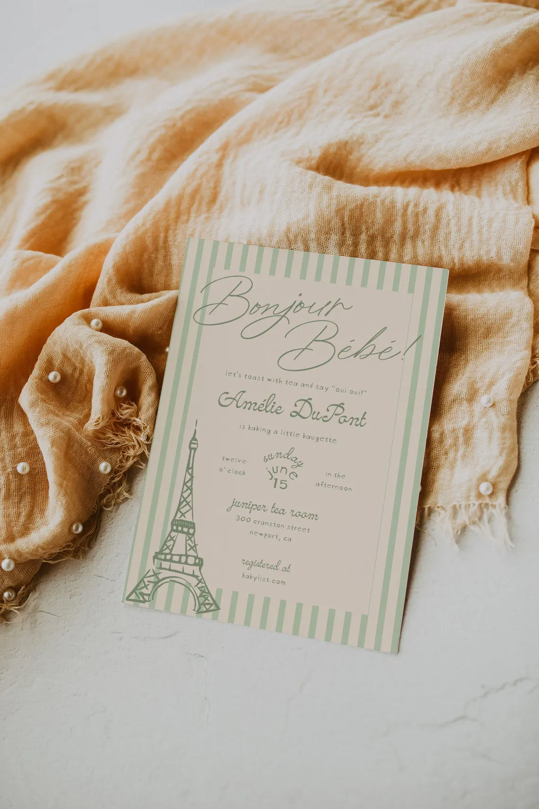 Green Parisian Baby Shower Invitation - Sage Green Baby Shower - French Baby Shower - Eifel Tower Invitation - Chic Parisian Invitation