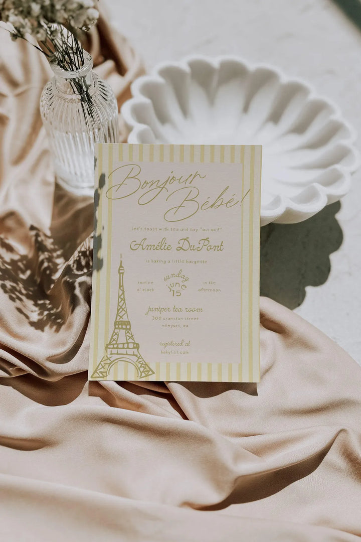 Yellow Parisian Baby Shower Invitation - Bonjour Bebe Baby Shower - Eifel Tower Paris Baby Shower Theme - Yellow Baby Shower Invitation