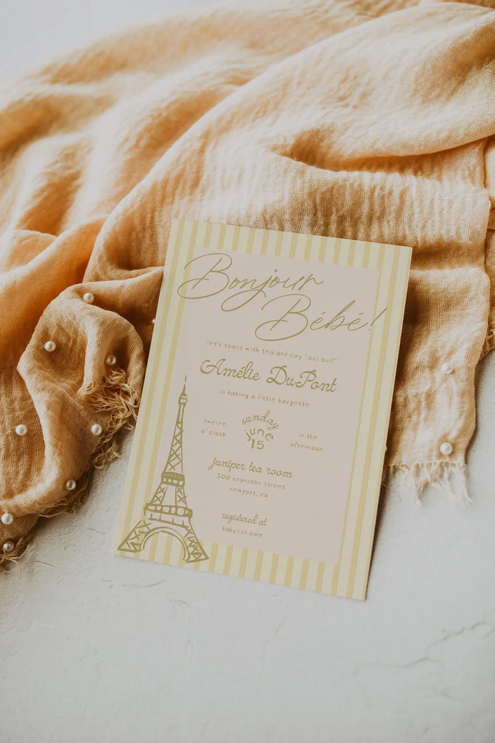 Yellow Parisian Baby Shower Invitation - Bonjour Bebe Baby Shower - Eifel Tower Paris Baby Shower Theme - Yellow Baby Shower Invitation