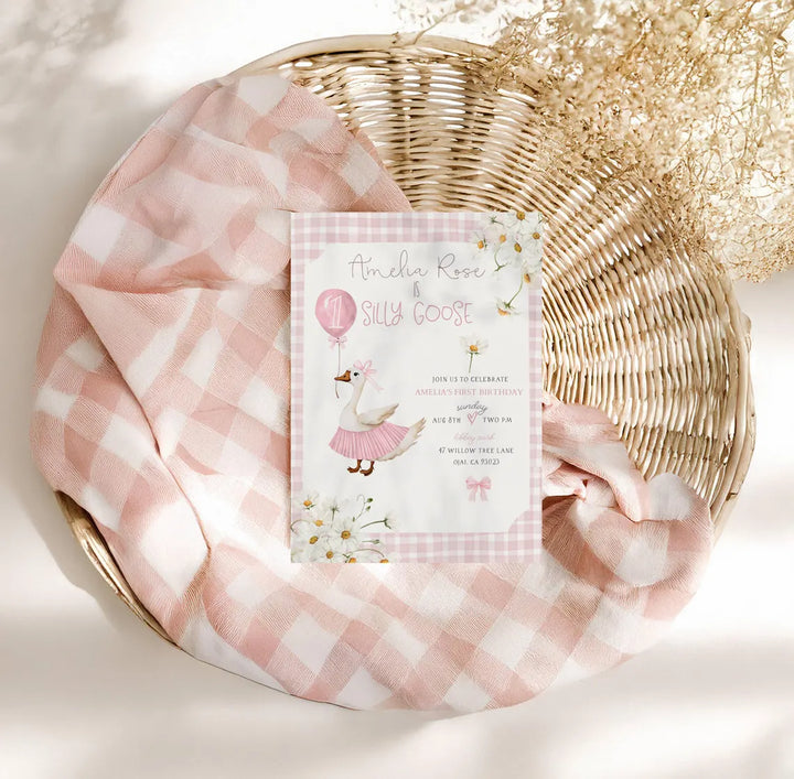 Silly Goose Invitation - One Silly Goose Birthday Invitation - Goose Birthday Invitation - Pink Gingham Invitation - Daisy Invitation Evite