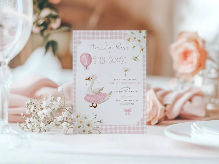 Silly Goose Invitation - One Silly Goose Birthday Invitation - Goose Birthday Invitation - Pink Gingham Invitation - Daisy Invitation Evite