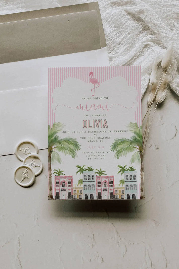 Pink Miami Bachelorette Invitation - Miami Girls Weekend Invitation - Retro Miami Girls Weekend Invitation - Miami Bachelorette Invite Evite