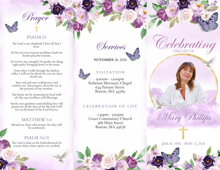 Purple Funeral Program - Obituary Pamphlet - Butterfly Funeral Program - TriFold Funeral Brochure - Celebration of Life Pamphlet - Funeral Templates DIY