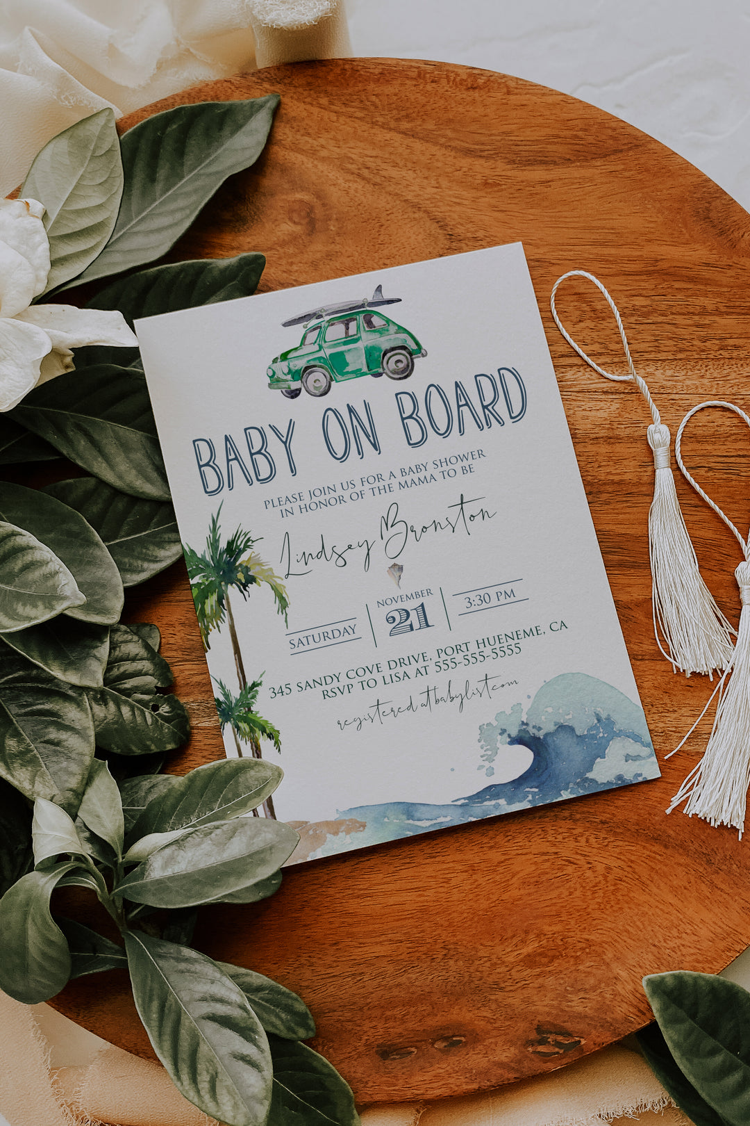 Surfing Theme Baby Shower Invitation - Beach Theme Baby Shower Invitation - Baby on Board Invitation - California Beach Baby Shower Invitation