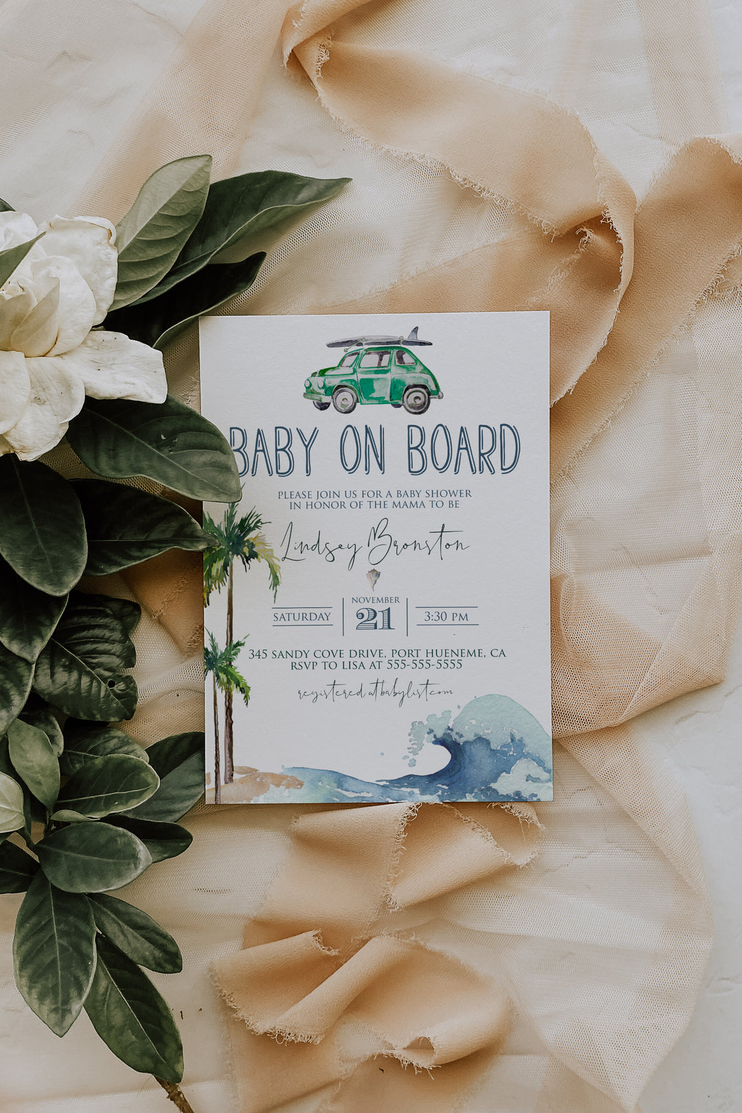 Surfing Theme Baby Shower Invitation - Beach Theme Baby Shower Invitation - Baby on Board Invitation - California Beach Baby Shower Invitation