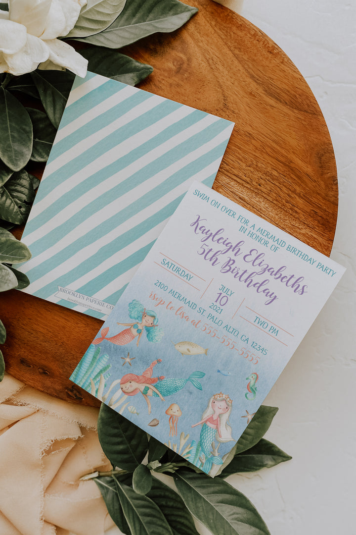 Mermaid Birthday Invitation - Mermaid Princess Theme Birthday Invitation - Watercolor Mermaid Birthday Invitation - Boho Mermaid Birthday