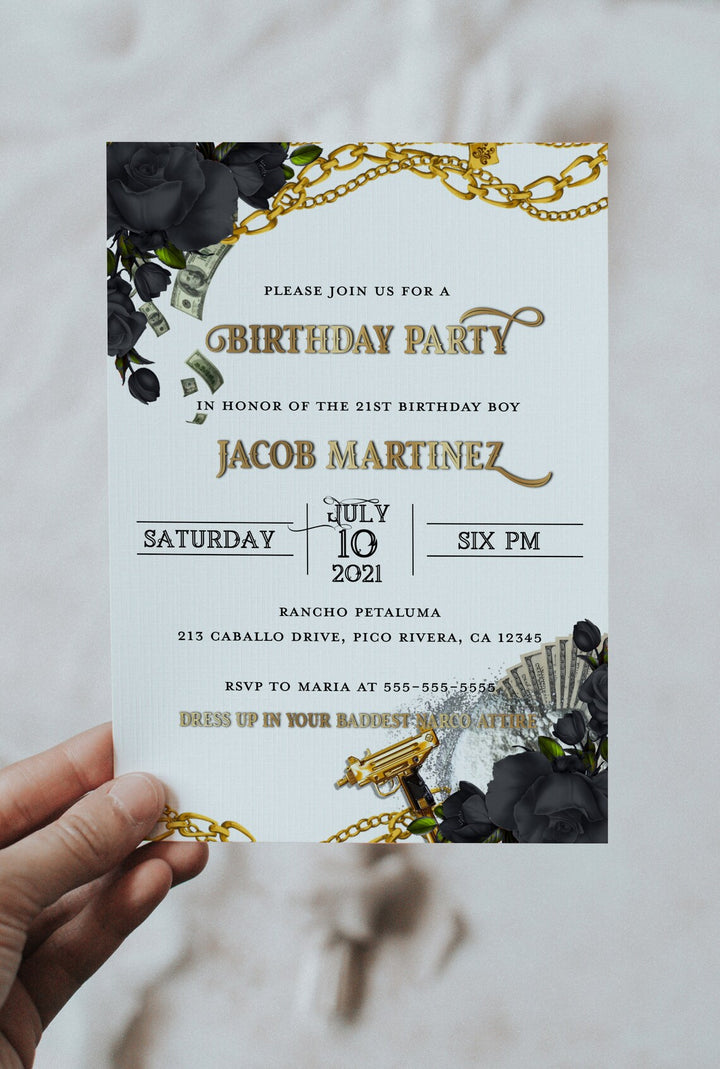 Narco Birthday Invitation - Mens Narco Invitation - Gangster Birthday Invitation - Narco Theme - Gangster Theme - Black and Gold Theme