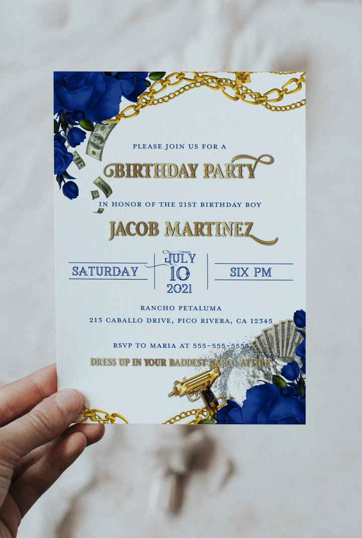 Mens Gangster Birthday Invitation - Narco Birthday Invitation - Blue and Gold Invitation - Gangster Theme - Narco Theme Invitation for Men