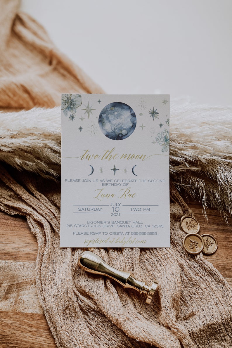Two The Moon Birthday Invitation - Space Themed Second Birthday Invitation - Moon Theme Birthday - Boho Moon Birthday Invitation - Boho