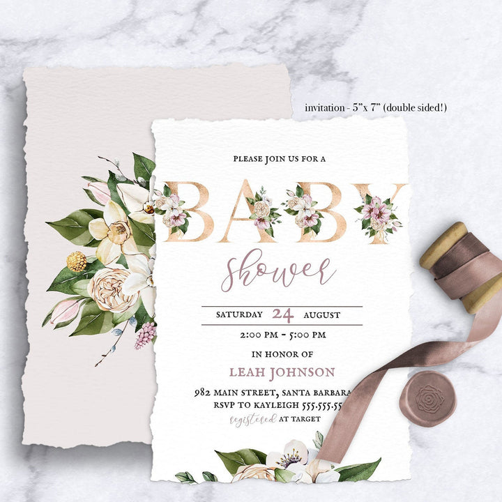 Gold Blush Floral Baby Shower Invitation - EDITABLE Floral Baby Girl Shower Invitation - Instant Download Blush Floral Invitation for Baby