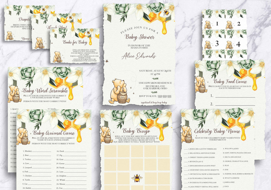 Floral Winnie the Pooh Baby Shower Invitation Suite - Floral Vintage Winnie the Pooh Baby Shower Invitation - Classic Winnie the Pooh Baby