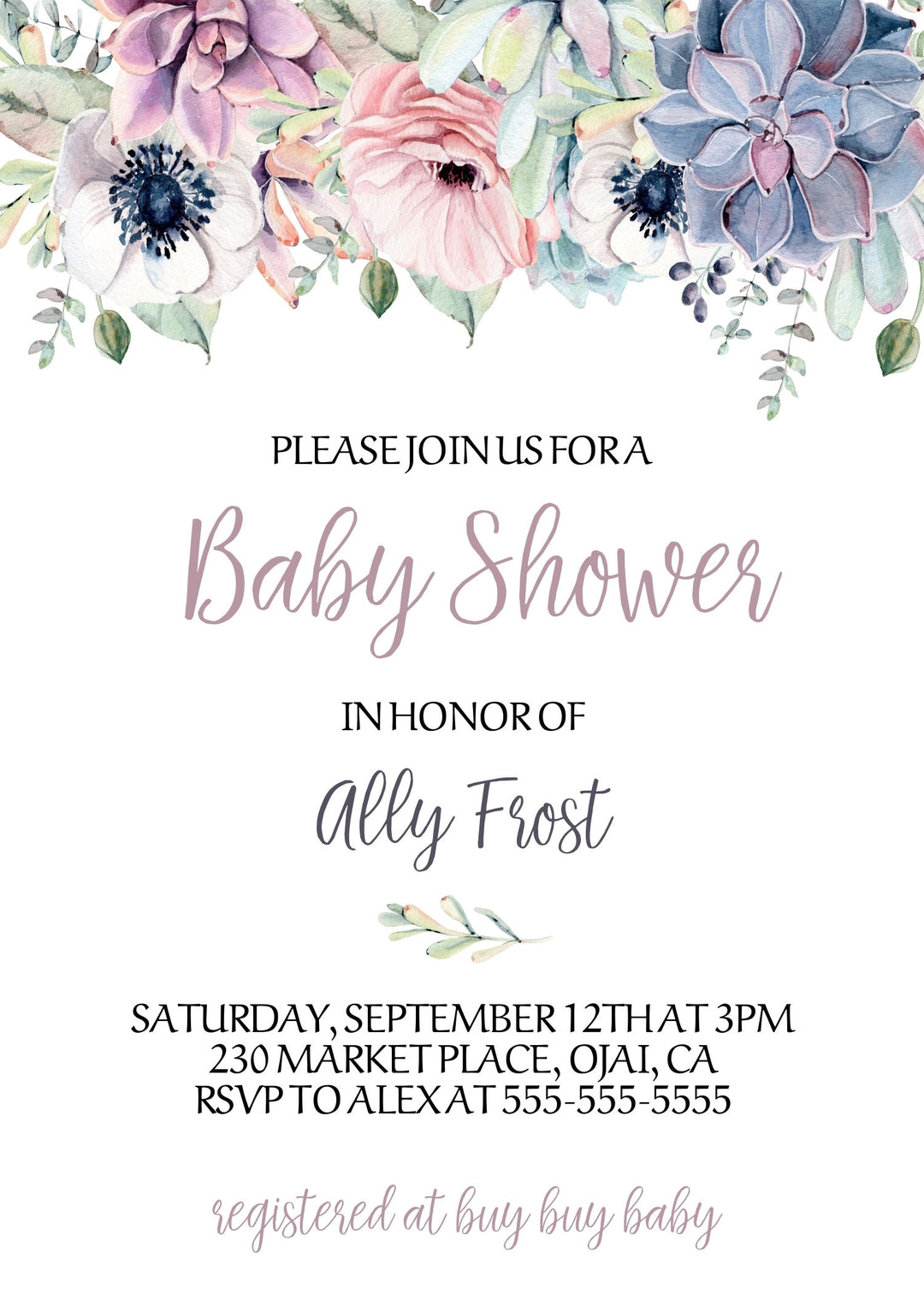 Floral Succulent Baby Shower Invitation - Purple Succulent Baby Shower Invitation - Succulent Books for Baby Card - Girl Baby Shower Invite