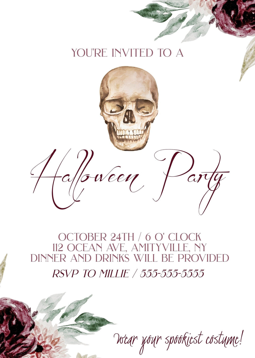 Skeleton Halloween Party Invitation - Skull Halloween Party Invite - Halloween Dinner Party Invitation - Vintage Halloween Party invite