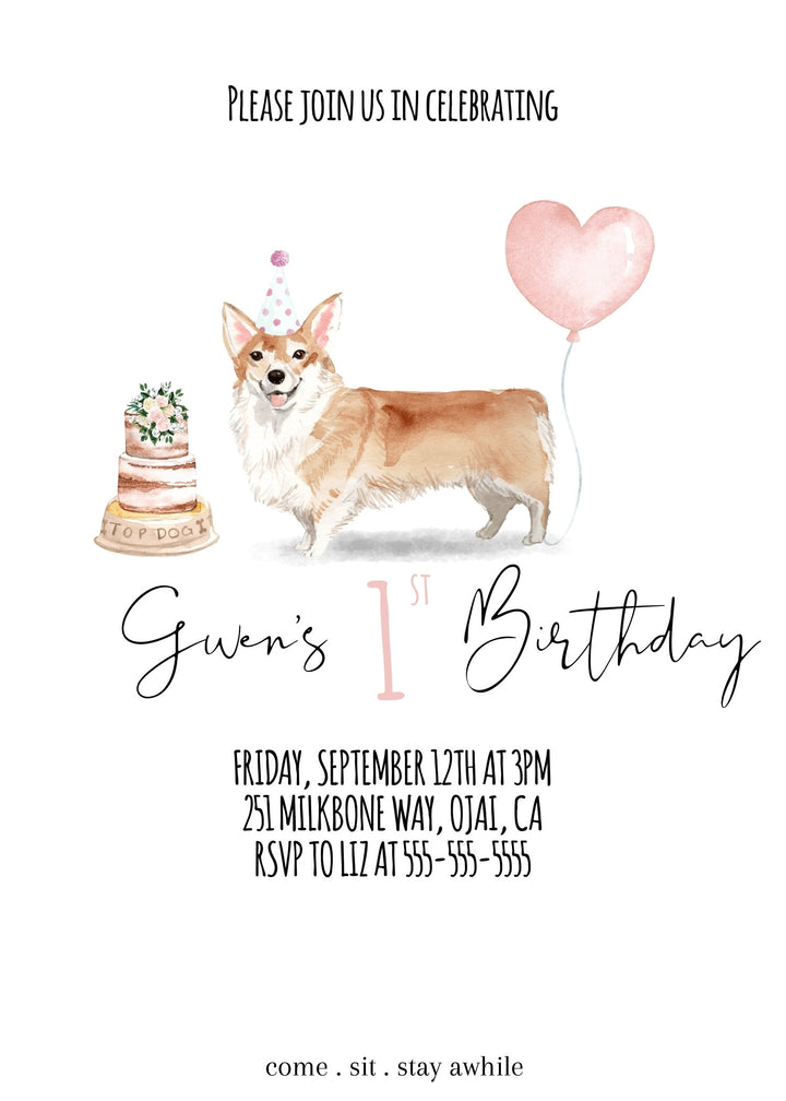Corgi Birthday Invitation - Corgi Themed Birthday Invitation - Corgi's First Birthday Invitation - Corgi Puppy Invitation - Birthday Pawty